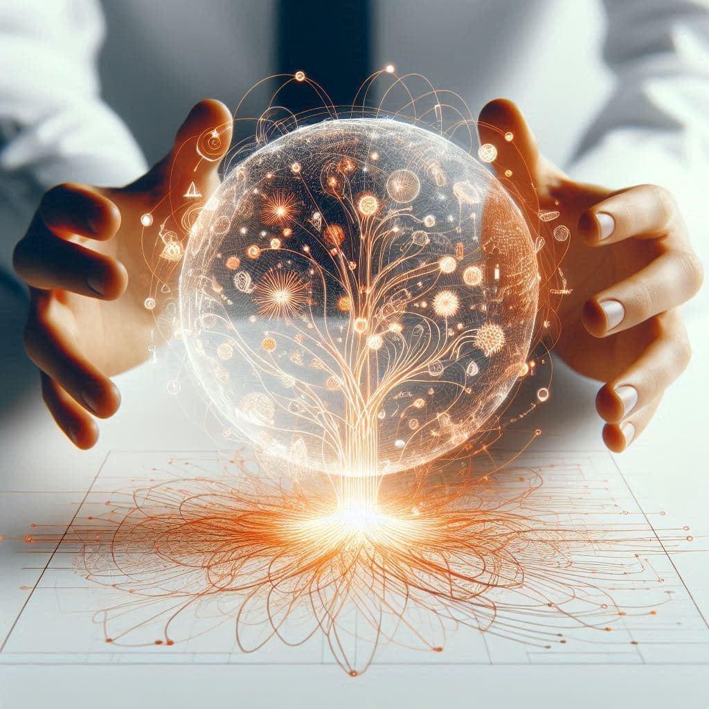 Hands nurturing a glowing trust network sphere